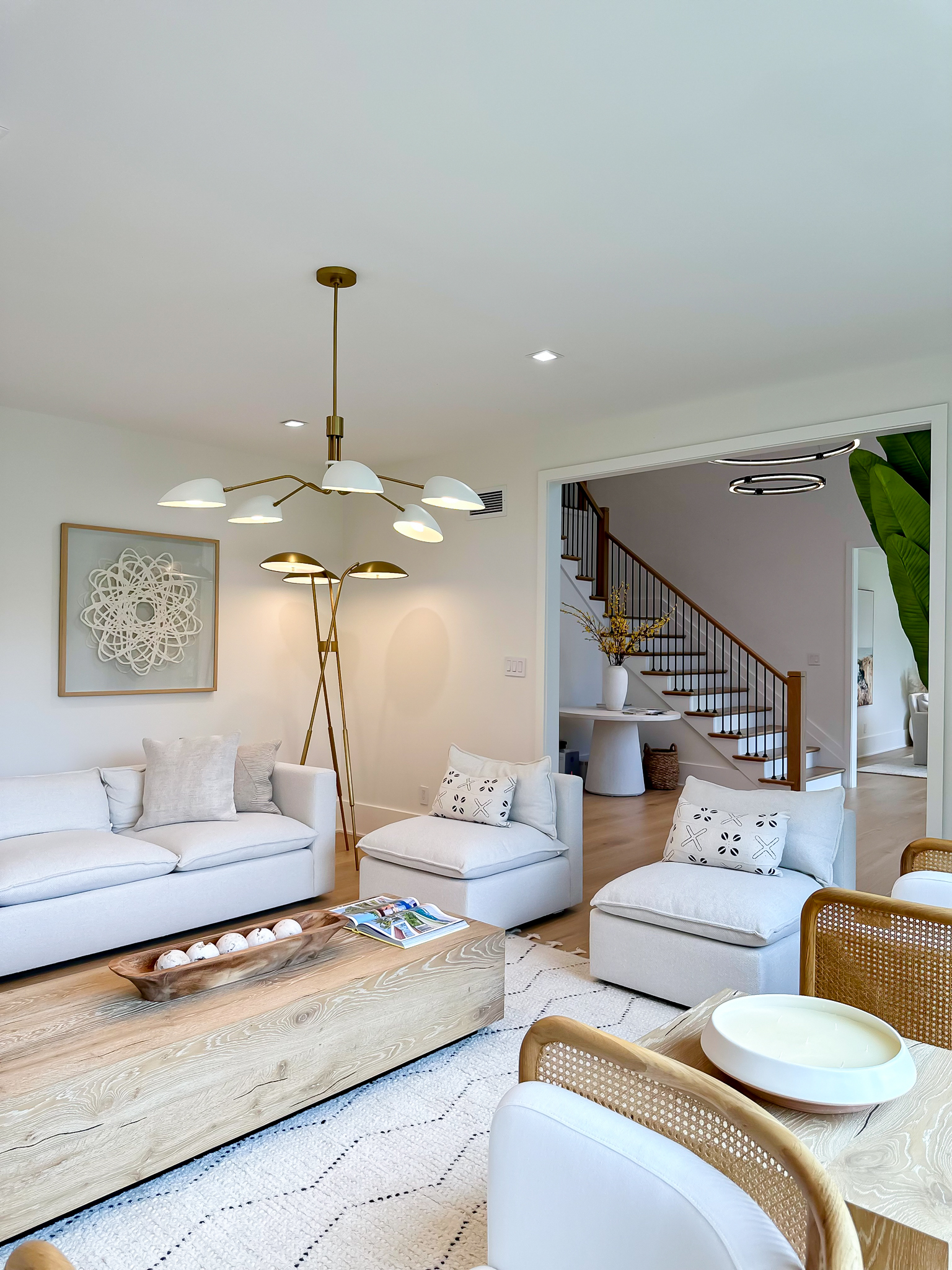 Grand spiral staircase with chandelier